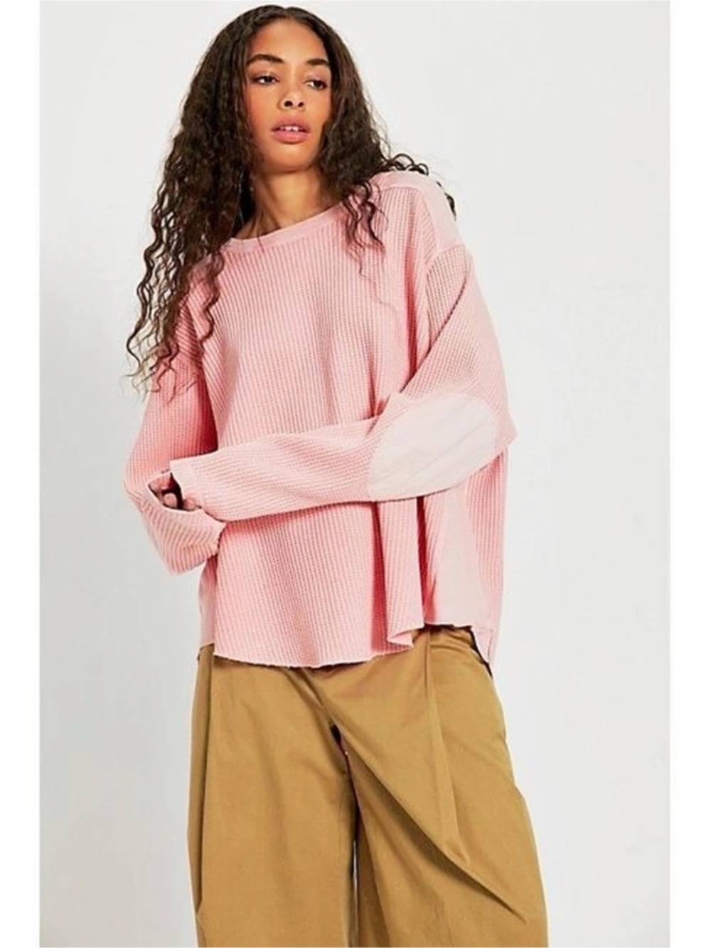 Free People FP One Blake Thermal Oversized Waffle Knit Top Pink XL